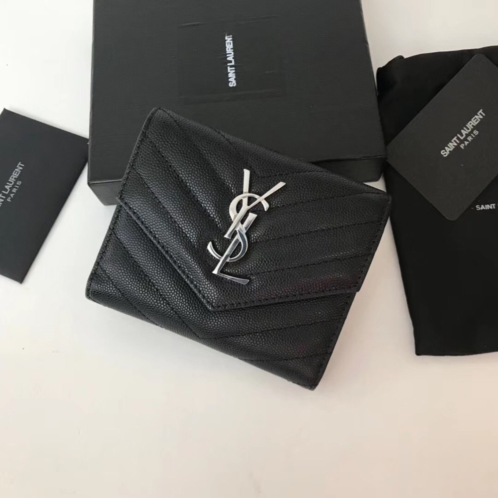 Saint Laurent Compact Tri Fold Wallet In Noir Leather IAMBS242714 Outlet Sales