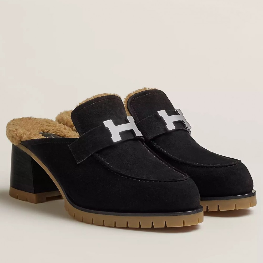 Hermes Flore 60 Mules in Black Suede with Shearling HERMESHS5067