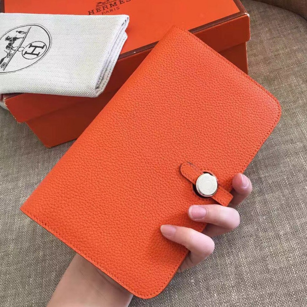 High Quality Replica Hermes Dogon Duo Wallet In Orange Clemence Leather $ 169 USD