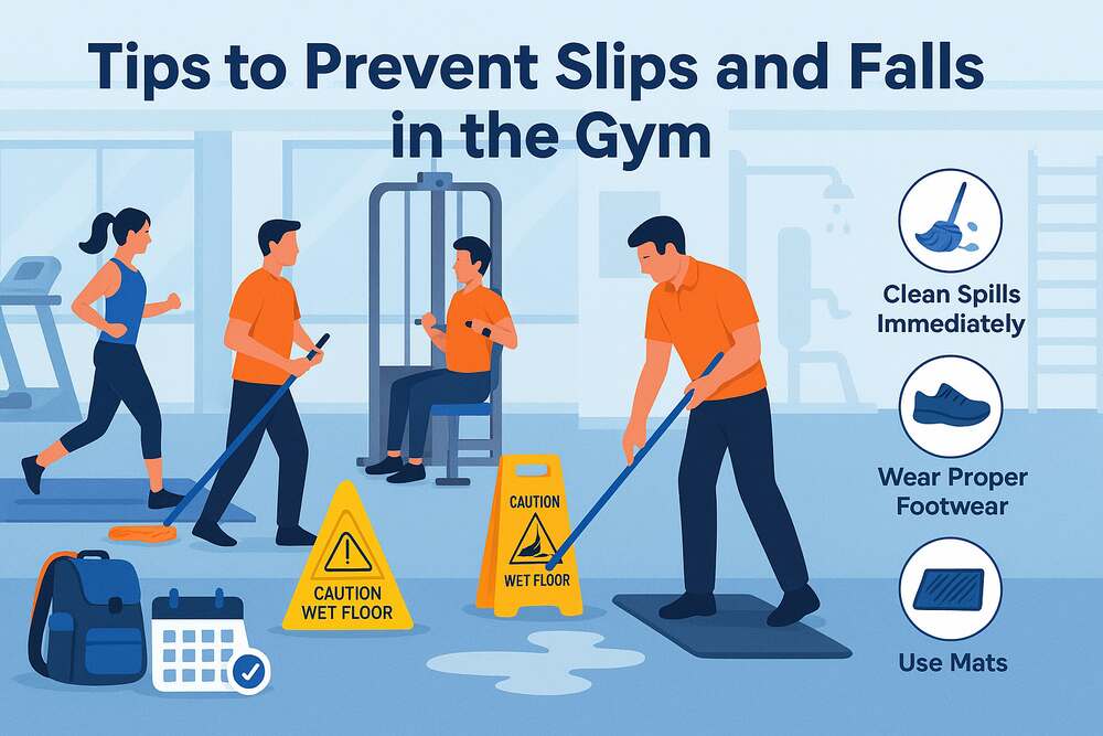 What are some useful tips to prevent slips and falls in the gym area?